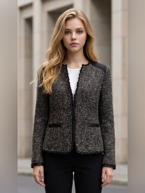 Dalia Collection Black Tweed Collarless Blazer Wool Blend Fabric
